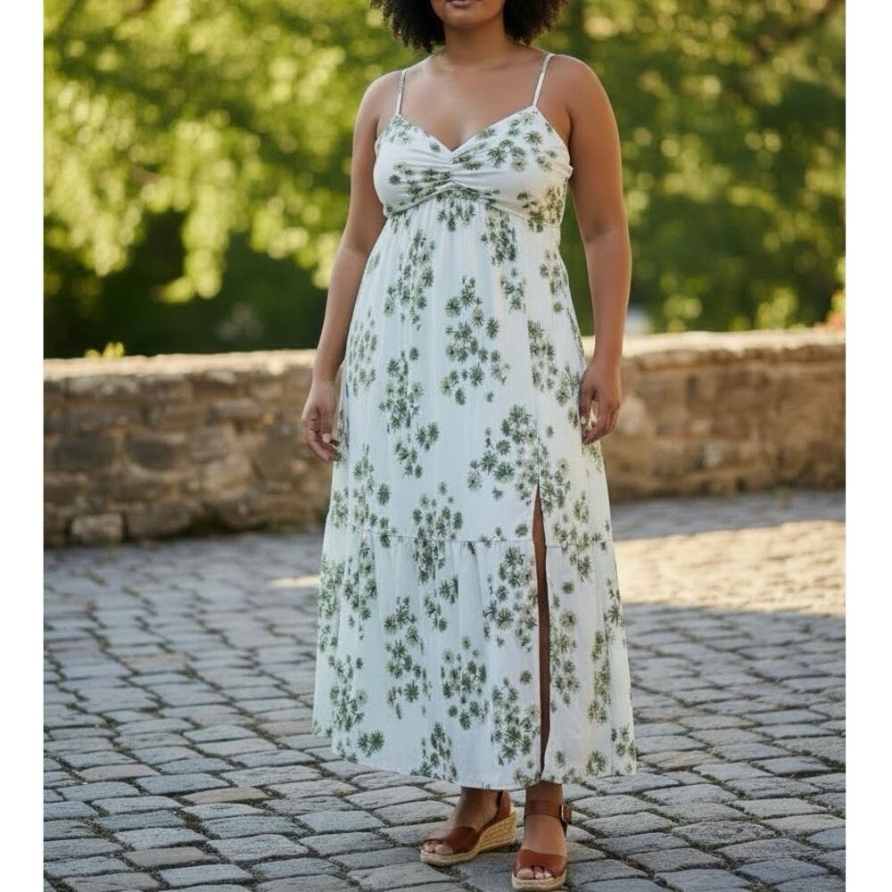 Abercrombie & Fitch Sz XL Babydoll Maxi Dress White Green Floral Crinkle
